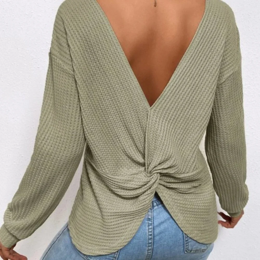 Twist Back Drop Shoulder Waffle Knit Tee - Picture 1 of 7